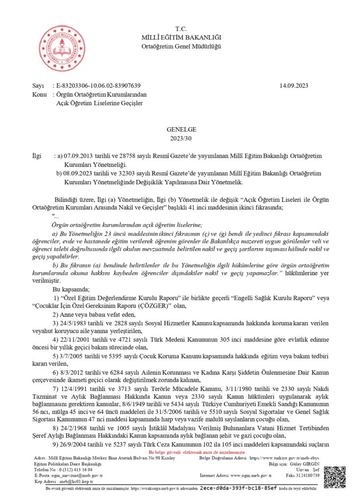 Açık Liseye Geçiş Şartları Değişti. 2023-30 Sayılı Genelge 2023-30 Açık Öğretim Lisesine Geçiş Genelgesi 1.Sayfa
