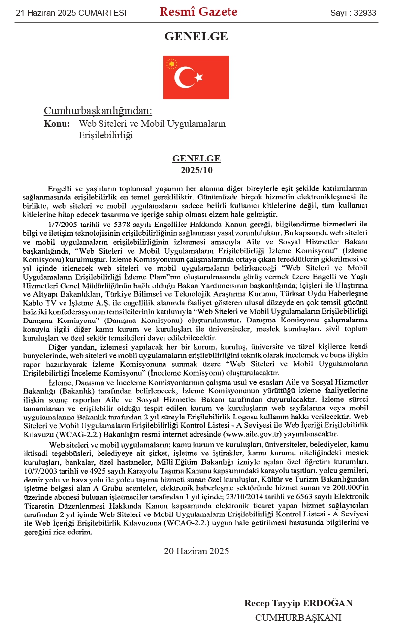 Web Siteleri ve Mobil Uygulamaların Erişilebilirliği Genelgesi Çıktı.